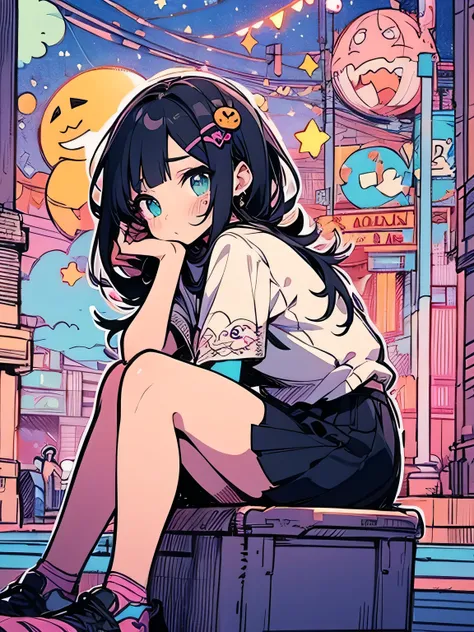 sideview,sitting on knee,alone、30years old, older sisters face、makeup, black mini skirt、 Lolita Fashion、Halloween makeup 、tears、night、 starry sky 、Lonely、Neon lights 、Street lamp、(cool model pose),stylish,(manga style),(sketch),(illustration),