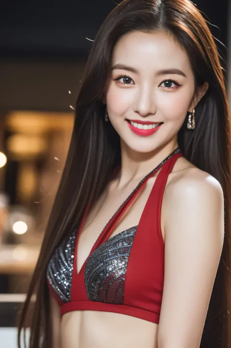 (8k, Best Quality, Masterpiece: 1.2), (Realistic, Realistic: 1.37), Super Detail, 1 Girl, Cute, Single, Midnight, Exquisite Sky, Detailed Cafe, Sitting, Dating, ( red nose), (smile: 1.15), (shut up) small breasts, pretty eyes, flowing hair novaFrogStyle, h...