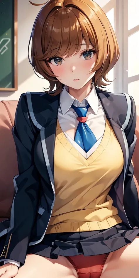 1 Female,High definition,high resolution,Ultra-realistic,8K, hmza, short hair, antenna hair, brown eyes, school uniform, blue necktie, yellow shirt,black jacket, long sleeves, school uniform,European,sexy,Upper body close-up,Photographed from the front,Dyn...