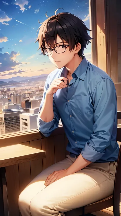 An adult man wearing glasses is sitting on a park chair and looking at me、Anime depiction of Makoto Shinkai、「Your Name」A fantastic landscape like、Beautiful sky、Soft look