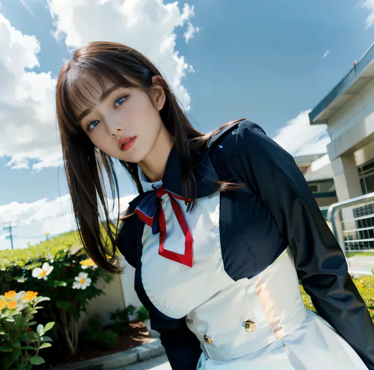 8K quality,  Masterpiece,  bright artistic lighting,  super real , Flower Garden,  one girl,  Brunette with Bangs , (A high school girl in a serious uniform), (High chest position:1.3), (Big Breasts:1.4), Above the waist,  red ribbon tie, (Bright and Spark...