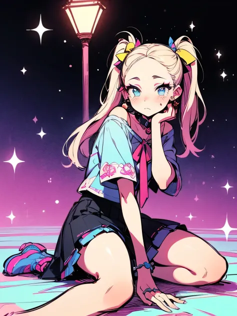 sitting on knee,alone、18years old,twintail, older sisters face、makeup,forehead,offshoulder:1.2, black mini skirt、 Lolita fashion、Christmas makeup 、tears、night、 starry sky 、Lonely、Neon lights 、Street lamp、(cool model pose),stylish,(manga style),(sketch),(il...