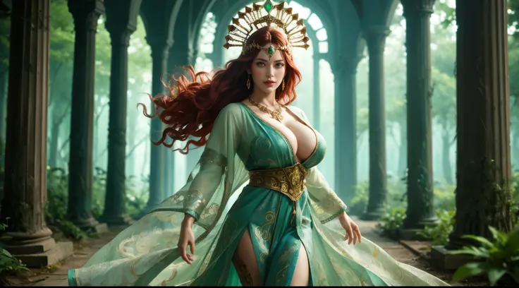 girl, intricate ornamented flowing robe, see-through robe, (gigantic breasts), long hair, flowing hair, subtle headpiece, intricate ornate headpiece, necklace, earring, looking at viewer, ethereal aura, forest, cinematic, highly detailed, stunning, red hai...