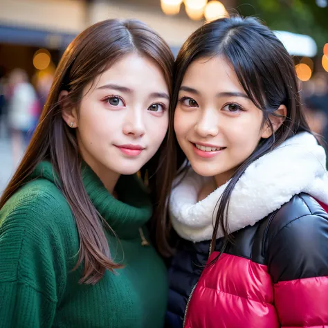 (Best-quality, Masterpiece, Ultra-High-Resolution, (Photorealistic:1.4), Raw Photo, depth of field, professional lighting), lesbian-couple of 14-years-old Japanese-idol and 35-years-old Japanese-actress, ((having fun dating at shopping-mall)), (((wearing m...