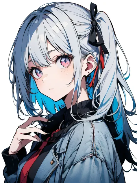          Absurd,          High Resolution       ,          very detailed,
,     depicts a black and white world,          Is black          ,     Represents    blue hair  ，  ,      semi-long、    high ponytail with ribbon ，       and the rest of the hair ha...