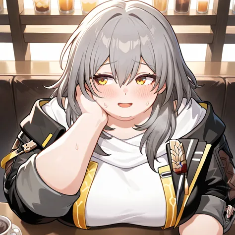 1girl, stelle(honkai:star rail), honkai: star rail, yellow eyes, white shirt, jacket, sitting, head rest, hand on own cheek, light smile, pov across table, cafe, bloom, masterpiece, best quality, very aesthetic, absurdres swollen face, fat, chubby, obese, ...