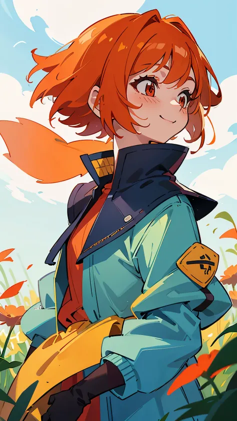  1 girl、 rider jackets、 orange hair、 bob cut、 red eyes、 from the side、gloves、smile、Blooming Grassland、Blowing in the Wind、 blue sky、 upper body closeup without left arm、 sharp outline