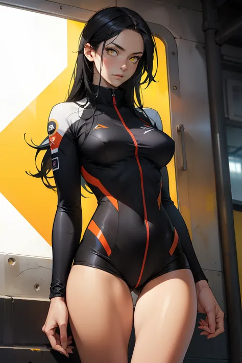 1 girl, black hair, yellow eyes, very long hair, pale skin, fit body, slender body, slim waist, large breasts, (confident expression), pilot suit, thigh gap, bare thighs, show bare legs