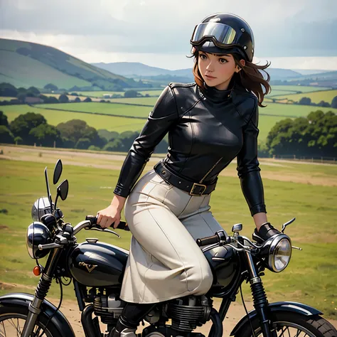 Vintage Bikes、Triumph、Isle of Man Races、(Young female rider stands on the back of her bike for a photo)、Leather jumper、Cromwell helmet with goggles、after the rain、English countryside landscape、