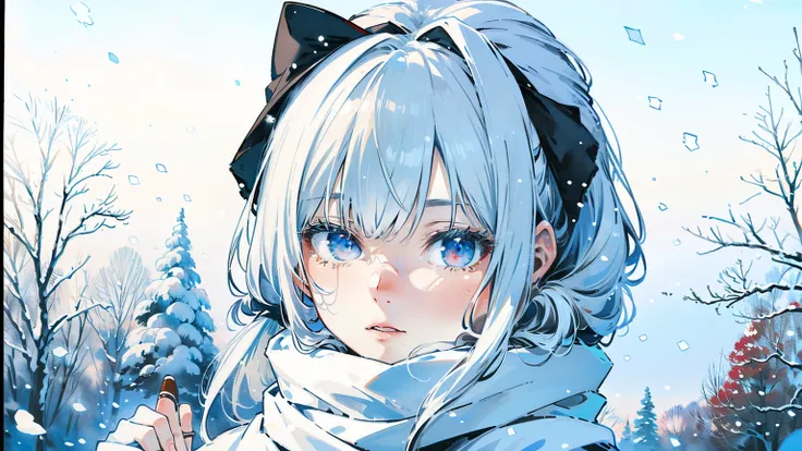 (best quality,4k,8k,highres,masterpiece:1.2),ultra-detailed,white hair,scarf,snow,red eyes,portrait,icy blue,soft illumination,crisp shadows, winter,serene expression,magical solitude,vivid colors,subtle gradients,fine brushstrokes, ((winter wonderland bac...