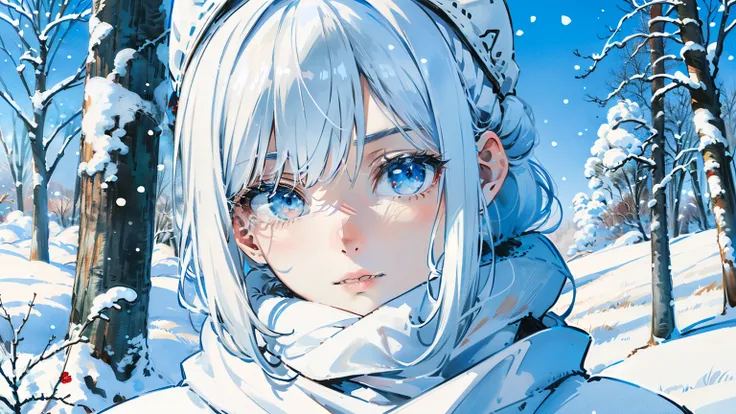 (best quality,4k,8k,highres,masterpiece:1.2),ultra-detailed,white hair,scarf,snow,red eyes,portrait,icy blue,soft illumination,crisp shadows, winter,serene expression,magical solitude,vivid colors,subtle gradients,fine brushstrokes, ((winter wonderland bac...