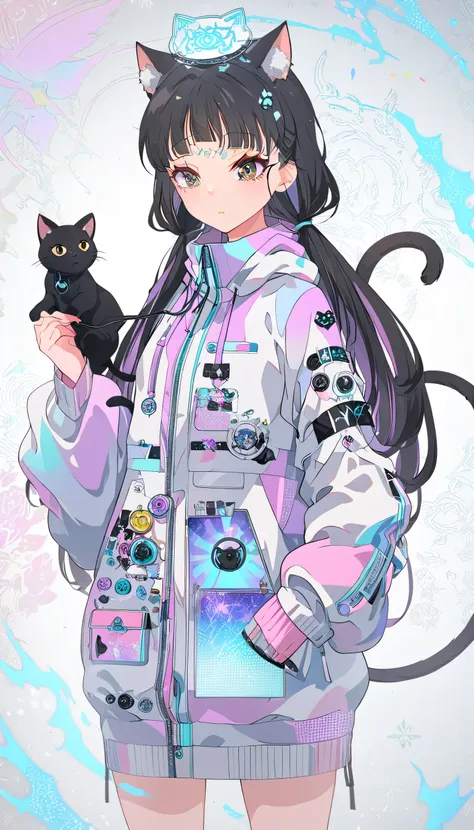 anime girl with black hair and a cat hat, anime style illustration, moe artstyle, wallpaper 8 k, digital illustration, beautiful catgirl, she wears a hoodie with animal ears and technowear technology, futuristic fashion in black and holographic colors, man...