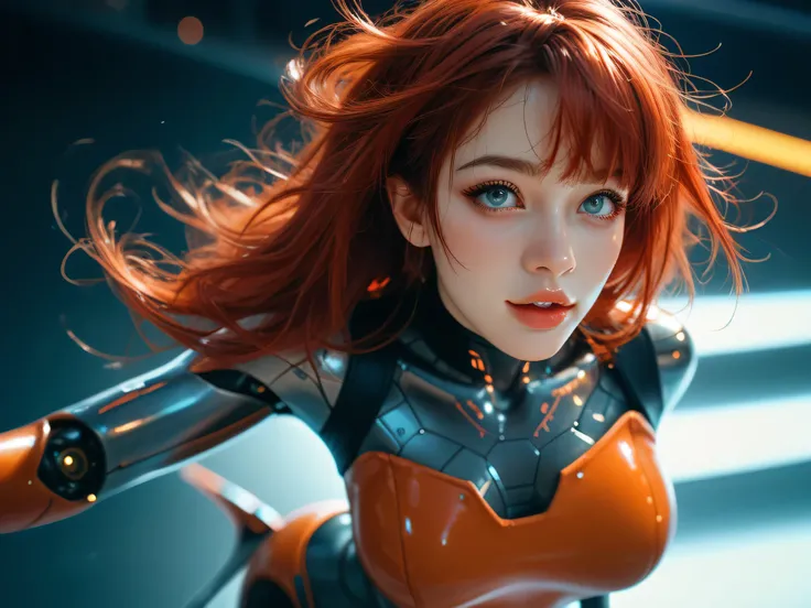 3D hyper-realistic magic style, with long and messy red hair, an adult female with a slightly cybernetic body, a neon-light mechanical android, floating leisurely in the urban sky on a floating skating device, her expression seems to be one of pleasure, Th...