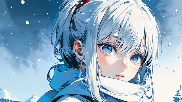 (best quality,4k,8k,highres,masterpiece:1.2),ultra-detailed,white hair,scarf,snow,red eyes,portrait,icy blue,soft illumination,crisp shadows, winter,serene expression,magical solitude,vivid colors,subtle gradients,fine brushstrokes, ((winter wonderland bac...