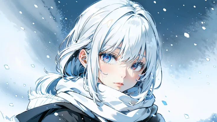 (best quality,4k,8k,highres,masterpiece:1.2),ultra-detailed,white hair,scarf,snow,red eyes,portrait,icy blue,soft illumination,crisp shadows, winter,serene expression,magical solitude,vivid colors,subtle gradients,fine brushstrokes, ((winter wonderland bac...