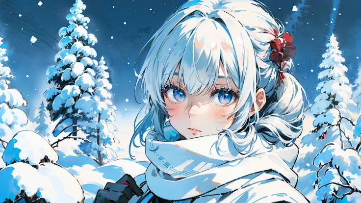 (best quality,4k,8k,highres,masterpiece:1.2),ultra-detailed,white hair,scarf,snow,red eyes,portrait,icy blue,soft illumination,crisp shadows, winter,serene expression,magical solitude,vivid colors,subtle gradients,fine brushstrokes, ((winter wonderland bac...
