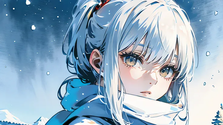 (best quality,4k,8k,highres,masterpiece:1.2),ultra-detailed,white hair,scarf,snow,red eyes,portrait,icy blue,soft illumination,crisp shadows, winter,serene expression,magical solitude,vivid colors,subtle gradients,fine brushstrokes, ((winter wonderland bac...
