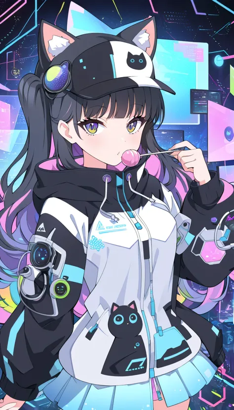 lollipop anime girl with black hair and a cat hat, anime style illustration, moe artstyle, wallpaper 8 k, digital illustration, beautiful catgirl, she wears a hoodie with animal ears and technowear technology, futuristic fashion in black and holographic co...