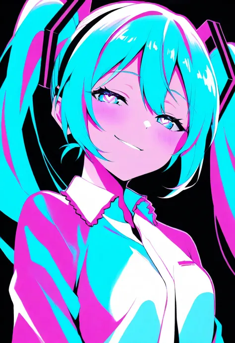 Hatsune Miku,limited palette,black background,colorful,vibrant,glowing outline,neon,blacklight,looking at viewer, masterpiece, very aesthetic, smug, half closed eyes, heart eyes