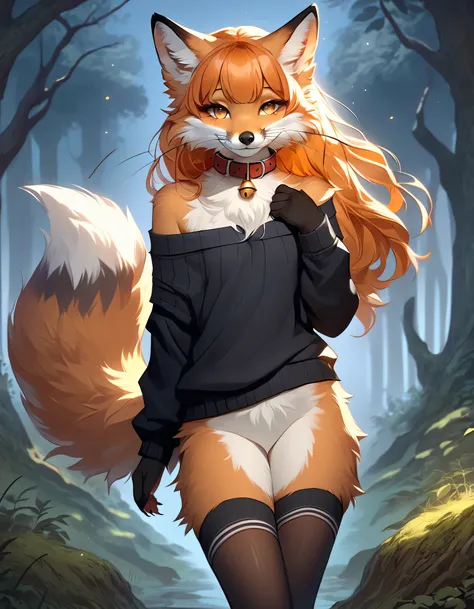 full body、Solo、unpralleled masterpiece、Detailed、 Beautiful、 score_9、 score_8_up、 score_7_up、moody atmosphere、mysterious、fox、anthro、furry、female、orange fur、(long hair、beautiful hair、orange hair、side swept hair、bangs)、yellow eyes、(fur tuft on chest、tuft of f...