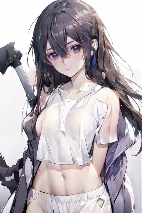  best quality,  High Res,slim、 Brown Eyes 、High target、 dark hair、(Long hair:1.3), Straight Hair 、7 Life Size 、Navel exposed、 White Short Sleeve Tee
Ong hair，Female Kirito ，Big breasts(d), Chest, 