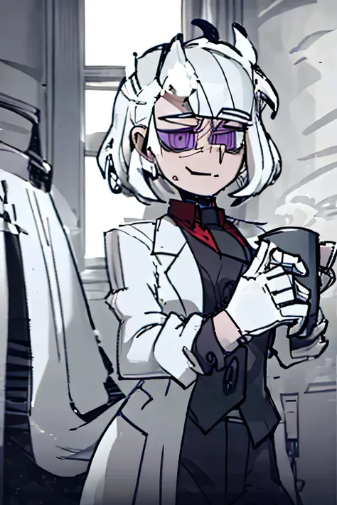  white-haired woman , scientists, Lilac eyes,  holding a cup of coffee, sharp look,  playful smile , the eyes,  short hair