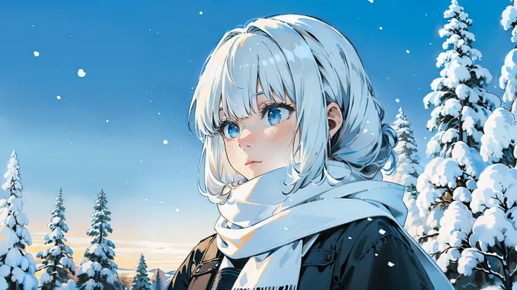 (best quality,4k,8k,highres,masterpiece:1.2),ultra-detailed,white hair,scarf,snow,portrait,icy blue,soft illumination,crisp shadows, winter,serene expression,magical solitude,vivid colors,subtle gradients,fine brushstrokes, ((winter wonderland background, ...