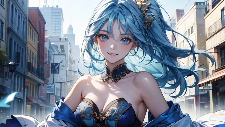 The wallpaper is a city where the sun shines. A girl with blue hair is dancing. She is wearing revealing sexy clothes. The girl is smiling on white skin. Her gaze is looking straight ahead. It is expressed based on her face.