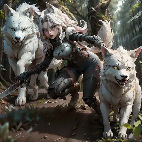 1girl, Alone, ( run through the forest following a big white wolf following prey 1：4)、(Desperate look)、((anger))、( full speed)、long hair, thighhighs, full body, grey hair,  blue eyes、((gritting teeth))、weapon, boots, black gloves, artist name, short shorts...