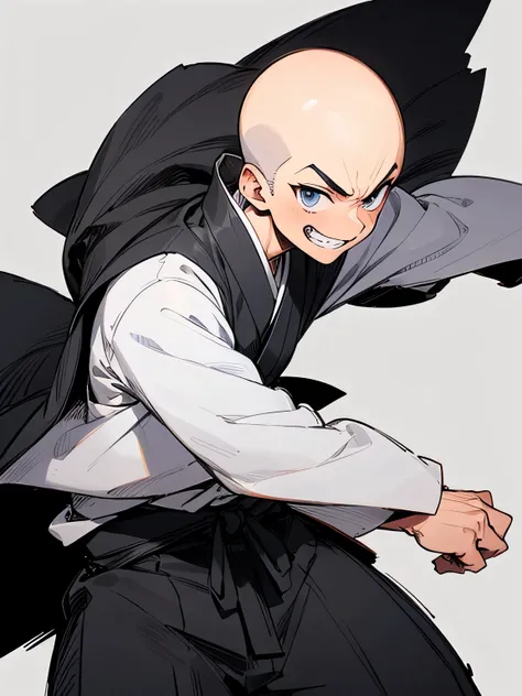 (front view),standing,solo, upperbody, (bald head),males eyes,males nose,males mouth, Japanese monks (black clothe),grin, fighting stance, white simple background, (manga style) ,(sketch),(illustration)