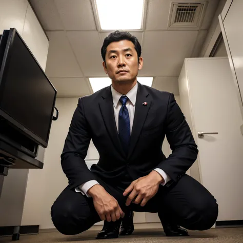 40years old, One Man,、Japanese Face　 black suit、salaryman、surveillance room、 I open my feet on the ground and crouch ,,Muscular , short perm hair　　　 black suit　Black socks　　 upper body lift with an emphasis on facial expression　 black slim pants　 upper bod...