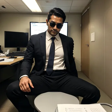 40years old, One Man,、Japanese Face　 black suit、salaryman、surveillance room、sit,,Muscular , short hair　　　 black suit　Black socks　　 upper body lift with an emphasis on facial expression　 black slim pants　 upper body lift with an emphasis on facial expressio...