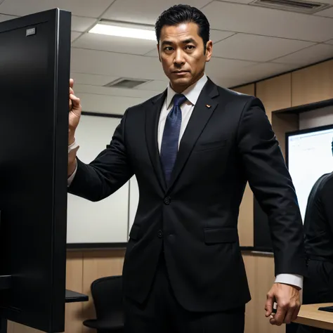 40years old, One Man,、Japanese Face　 black suit、salaryman、surveillance room、 cool battle pose ,,Muscular , short perm hair　　　 black suit　Black socks　　 upper body lift with an emphasis on facial expression　 black slim pants　 upper body lift with an emphasis...