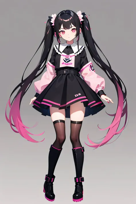  1 girl,  viewers who stop at the edge,  simple background, black hair,  twin tails,  pale pink mesh hair color ,チアガール ,pink and black odd-eye , Black and pale cherry mesh hair color,　 simple background,  shows the whole body ,6 heads ,  cheerleader,  Chee...