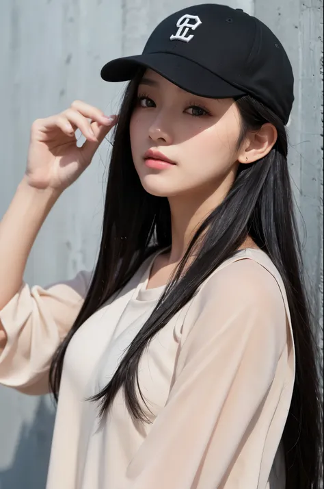 Long black hair and delicate face
A mole under the right eye
black baseball cap

