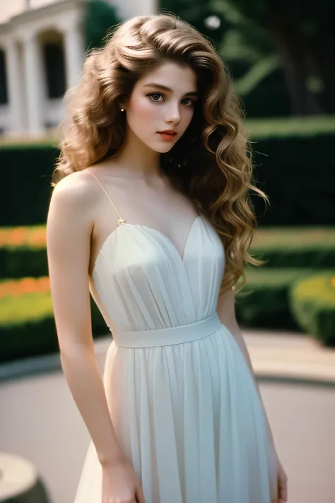 very beautiful dreamy girl, supermodel face, wavy Hair with highlights, 1990 quiet luxury black fashion style, mansion background, pale skin, film analog, grainy film