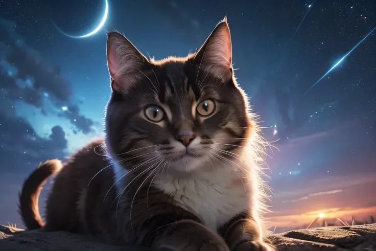 there is a cat that is looking at the stars in the sky,   Digital Art   by Adam Marczyński,  Photo of,   Digital Art  ,   Digital Art   animal photo, cat.   DIGITAL PAINTING,   Digital Art  .  very detailed,  very detailed   Digital Art  work, 4k  very det...