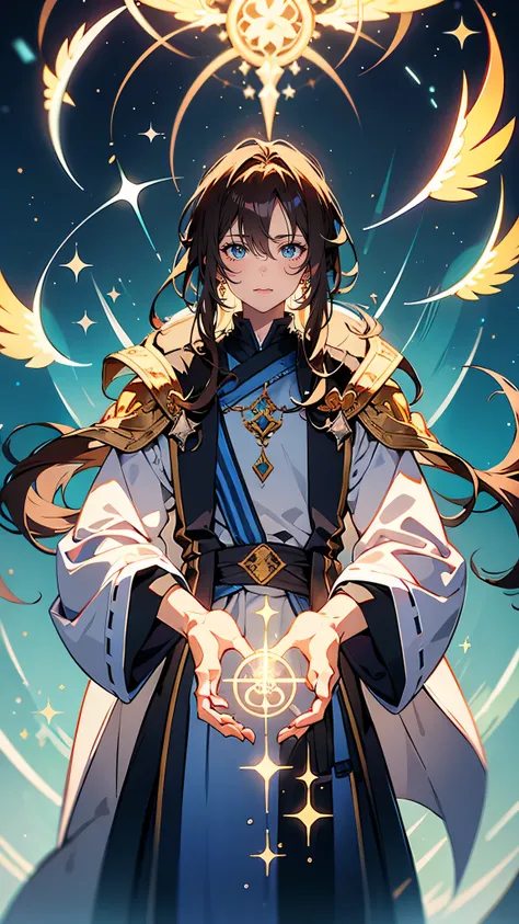 “A calm and kind-hearted male healer with soft chestnut-brown hair and gentle blue eyes. He wears simple, functional robes with faint embroidery and holds a glowing vial in one hand, while the other hand emits a faint healing light. His expression is seren...