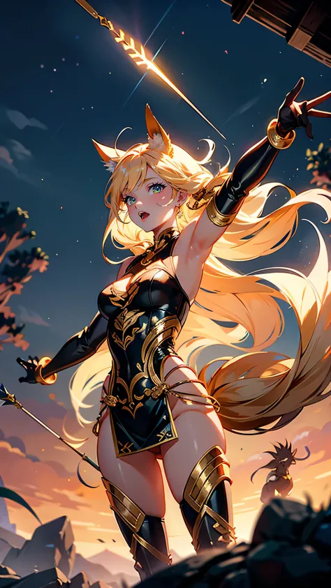 “A graceful female archer with animal-like ears and a sleek tail. She has sharp, golden eyes and wears a light, leather outfit designed for agility. Her polished wooden bow is intricately carved, and her drawn arrow glows faintly with magical energy. Her s...