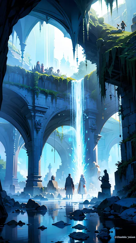 “An ancient underground city, illuminated by a network of glowing crystals embedded in the cavern walls and ceiling. Towering spires and intricately carved stone buildings rise from the cavern floor, connected by narrow bridges and suspended pathways. A ge...