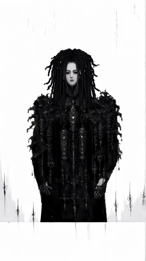 "A 23-year-old Asian man with shoulder-length silver dreadlocks, standing 180 cm tall and weighing 50 kg. He has a gothic style with dark, chic clothing, leather trim and delicate jewelry. His character is portrayed as an artist in a creative atmosphere, s...