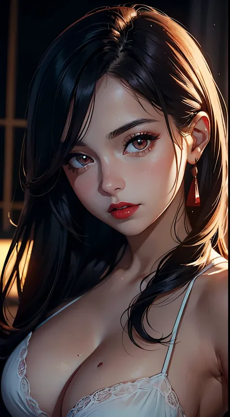 Amazing portrait of a woman who is 30 years old and an adult and a sexy teacher during night time with soft lighting showcasing her red lips and her beautiful face in detail and close up 