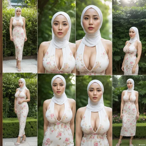 42 years Old, Hijab Indonesian beauty woman, Fair-Skinned Body, Large Breasts, Singlet, Breast about To burst out, At Garden House, (((Multiple Photos In One Frame)))