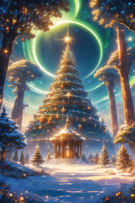 The Yggdracil.A massive World Tree, towering into the sky, is transformed into a majestic Christmas tree. The trees branches are adorned with sparkling, multicolored lights, shimmering ornaments, and flowing garlands of gold and silver. The roots spread wi...