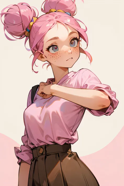  with pink hair tied in two buns, with hazel eyes and some freckles. She is dressed in tender and simple clothes. He has an enthusiastic expression