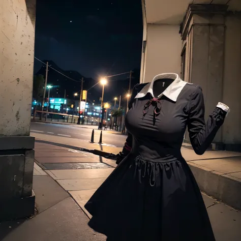 (invisible, no humans, headless, handless, faceless:1.5), masterpiece, best quality, highres, chika1, fujiwara chika, school uniform, black bow, black dress, red ribbon, long sleeves, blunt bangs, neck ribbon, collared dress,cowboy shot, standing, in Night...