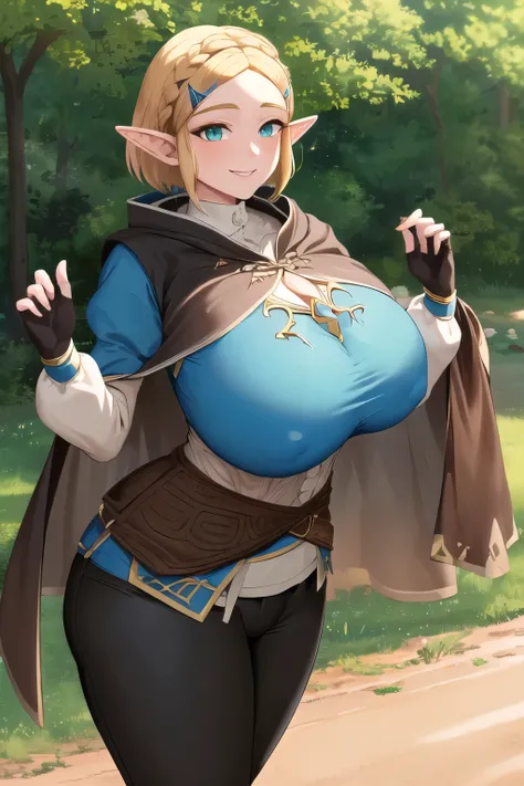 masterpiece,  top quality,  high definition ,voluptuous,(gigantic breasts:1.3),erection of nipple,,Azelda,  short hair, Crown Braid,  hair clip,  pointed ears, Brown cape,  blue shirt,  puffy sleeves,  Long Sleeve ,  fingerless gloves , black gloves,  blac...