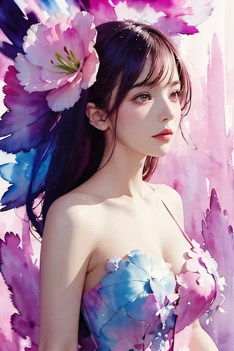 1girl,flower, Lisianthus ,in the style of light pink and light azure, dreamy and romantic compositions, pale pink, ethereal foliage, playful arrangements,fantasy, high contrast, ink strokes, explosions, over exposure, purple and red tone impression , abstr...