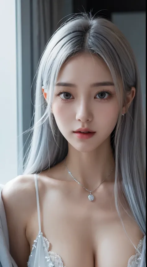 closeup cleavage，1个Giant Breast Girl，27 age old，Delicate face shape，is very beautiful， solo，[Glossy hair，light grey hair： lightblue hair：0.2]，jewely，Silver necklace，Black suit， looking at viewert， ssmile，黑The eye，Perfect and beautiful face shape，Detailed a...