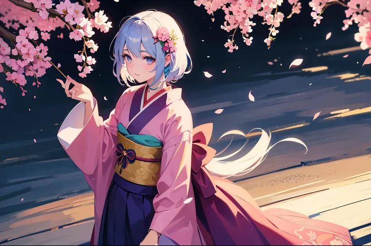 An anime girl in a kimono is standing under a tree with pink flowers blooming,  Anime pictures inspired by Nishikawa Sukenobu,  Sketch of  ,  fantasy art ,  more beautiful than Kira, Anime Style 4k, Japanese Art Style ,  Animation,  more beautiful than Kir...